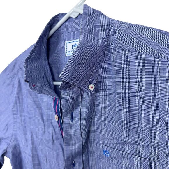 Southern Tide Button Front Shirt Plaid Long Sleeve Mens Sz S Navy Blue White EUC - Picture 3 of 8
